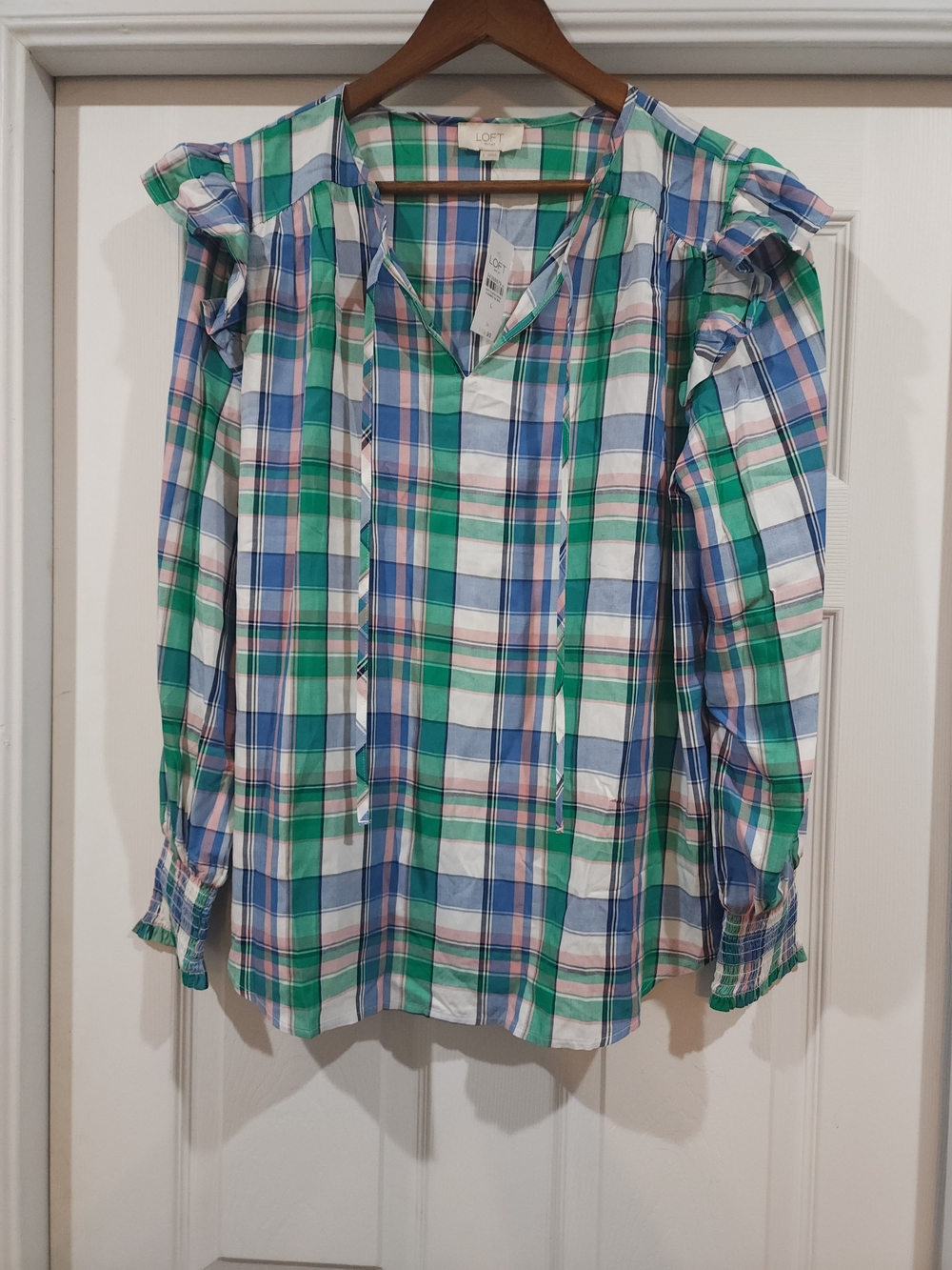 LOFT Green, Blue & White Plaid Ruffle-Sleeve Blouse